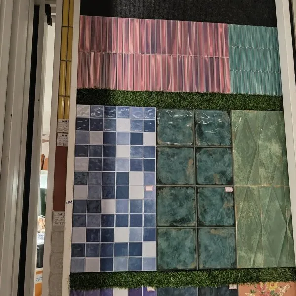 Colourful mosaic and patterned tile samples displayed at Shri Tiles, Jalahalli, Bengaluru